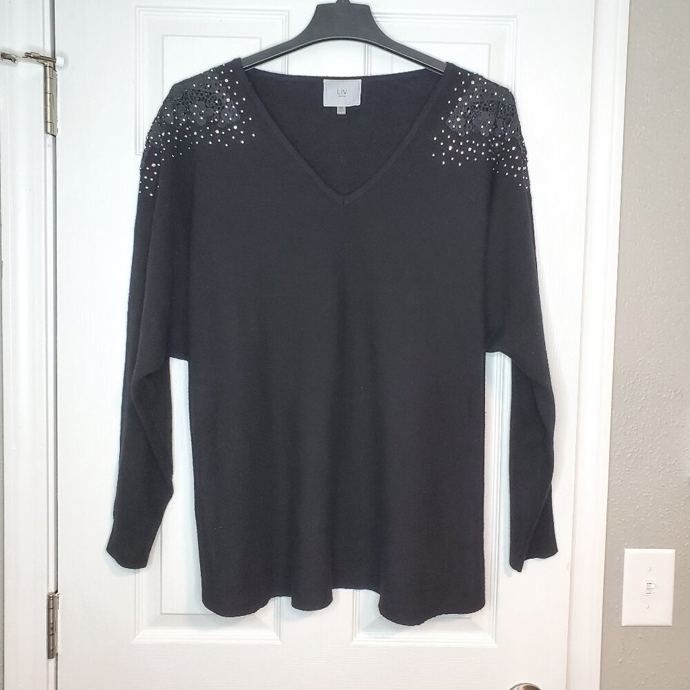LIV Milano Embellished  Women's Sweater With Beaded Lace Shoulders Size 2X